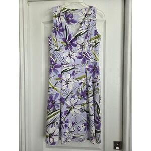 Coldwater Creek‎ Floral Dress Sleeveless Smocked Waist Purple White Sz 10 Office